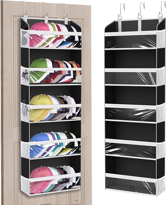 KYEVIS Over the Door Hat Organizer for Baseball Caps, Hold up to 60 Hats Rack Storage for Door/Closet/Wall, Clear Pockets Han