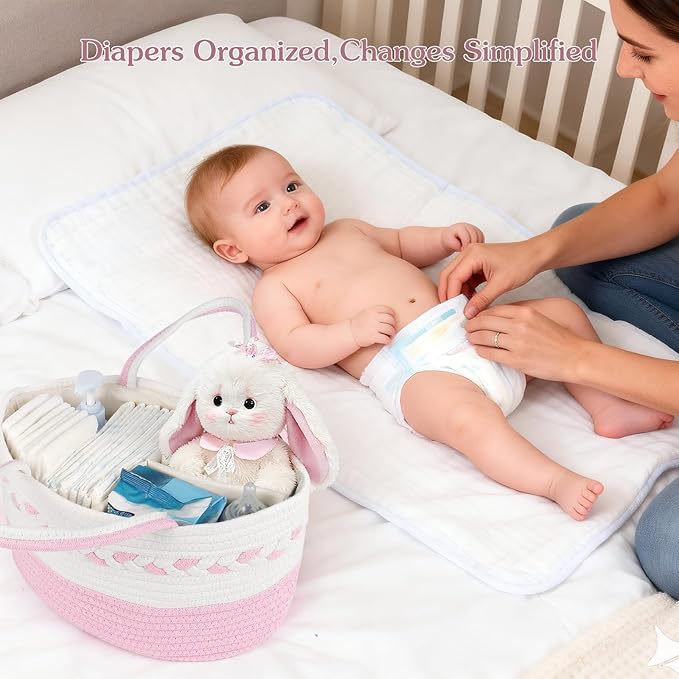 Diaper caddy Organizer, Cotton Rope Gift Basket with Removable Divider, Nursery Storage Organizer for Baby Essentials, Changi