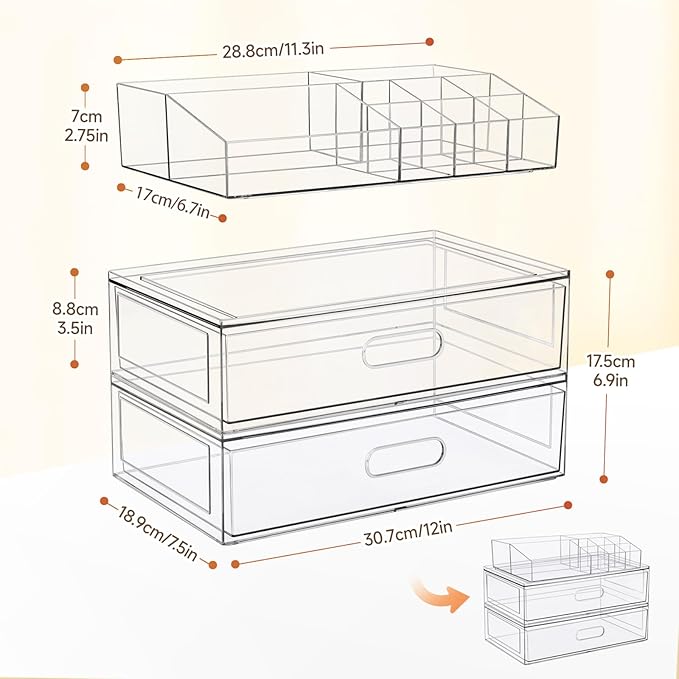 Clear Stackable Makeup Organizer with Drawer, 12''W Acrylic Storage Drawers, Cosmetic Display Case for Vanity Bathroom Counte