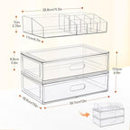 Clear Stackable Makeup Organizer with Drawer, 12''W Acrylic Storage Drawers, Cosmetic Display Case for Vanity Bathroom Counte