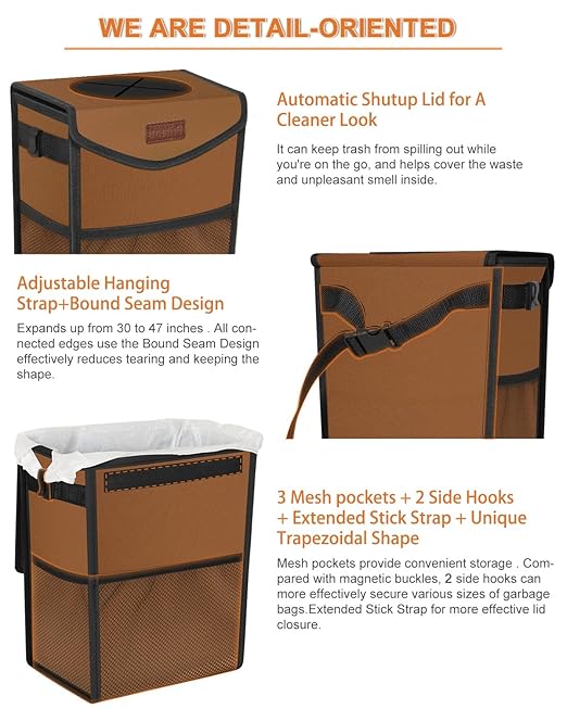 Car Trash Can with Lid, Cute Leakproof Car Trash Garbage Bag Hanging Vehicle Trash Bin Small Portable Automotive Garbage Cans Organizer for Back/Front Seat(Trapezoid,Brown)