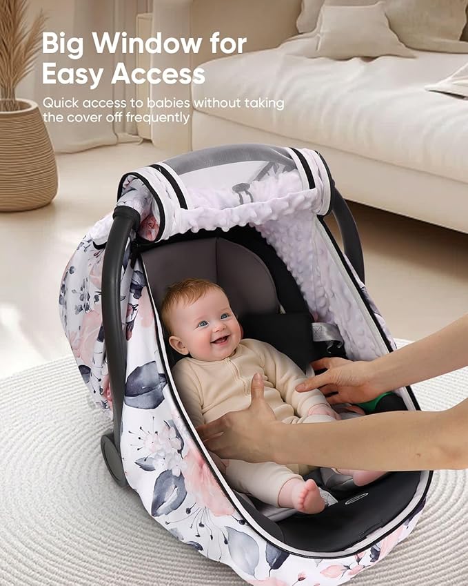 Car Seat Cover Baby Girls, Infant Car Seat Canopy Outdoor, 2 Layers with Mesh and Sun Shade Window for Summer Winter, Easy Ac