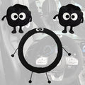 Car Headrest Pillow & Steering Wheel Cover Set with Cute Big-Eyed Furball Travel Neck Support Pillow Fur Car Interior Accessory (Black 3Pcs Set)