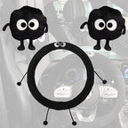 Car Headrest Pillow & Steering Wheel Cover Set with Cute Big-Eyed Furball Travel Neck Support Pillow Fur Car Interior Accessory (Black 3Pcs Set)