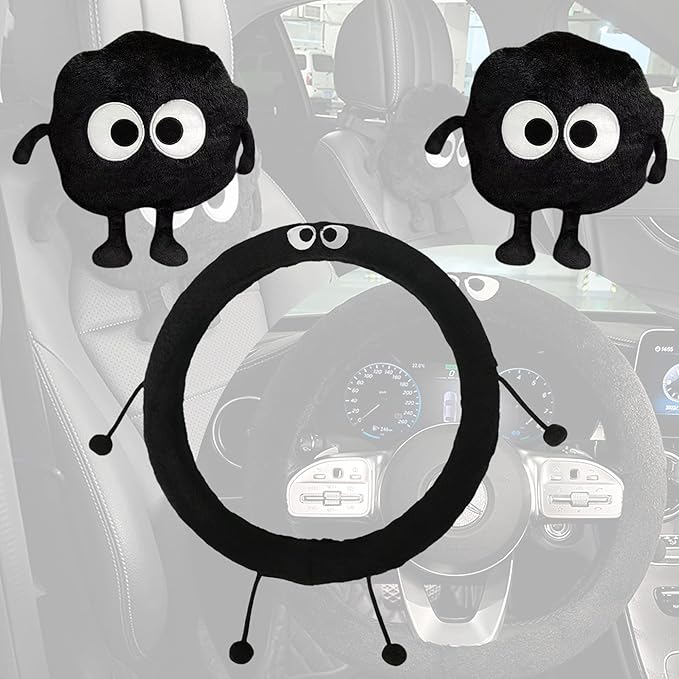 Car Headrest Pillow & Steering Wheel Cover Set with Cute Big-Eyed Furball Travel Neck Support Pillow Fur Car Interior Accessory (Black 3Pcs Set)