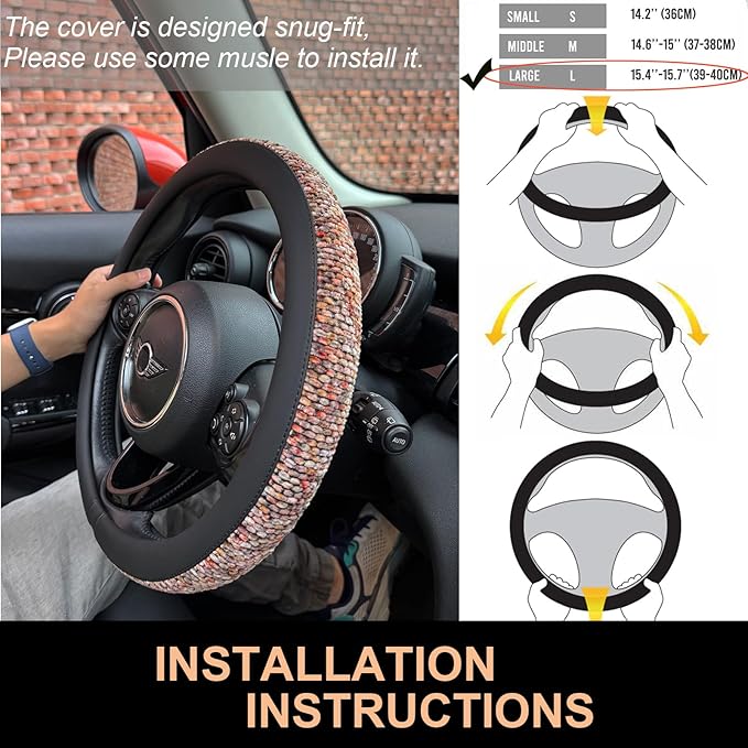 PINCTROT Large Size Chenille Leather Steering Wheel Cover, Soft Mottled Colors, Sweat-Proof, Non-Slip Grip, All-Season Comfor
