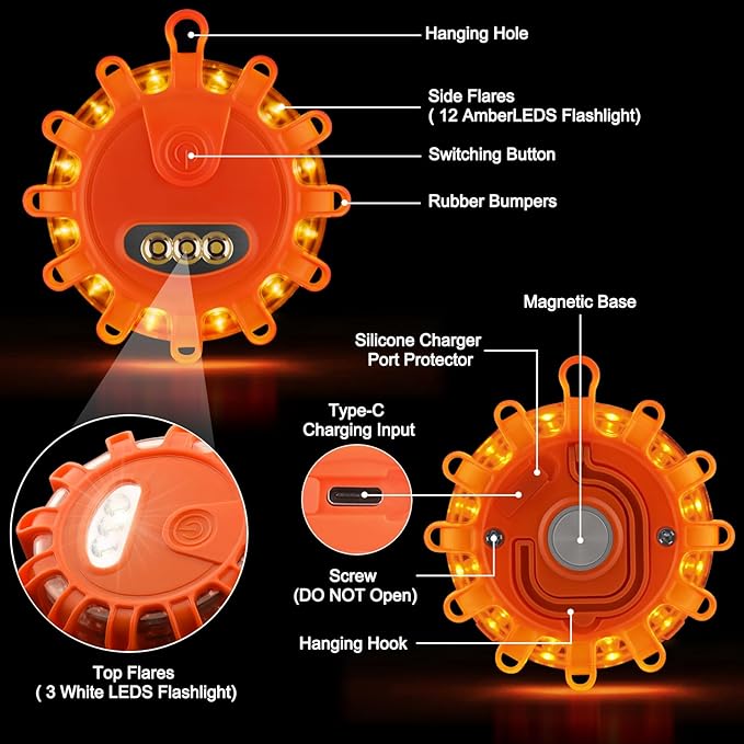 Tobfit 4 Pack Rechargeable LED Road Flares Roadside Emergency Car Kit, Emergency Lights for Vehicles Flashing Flare Beacon Di