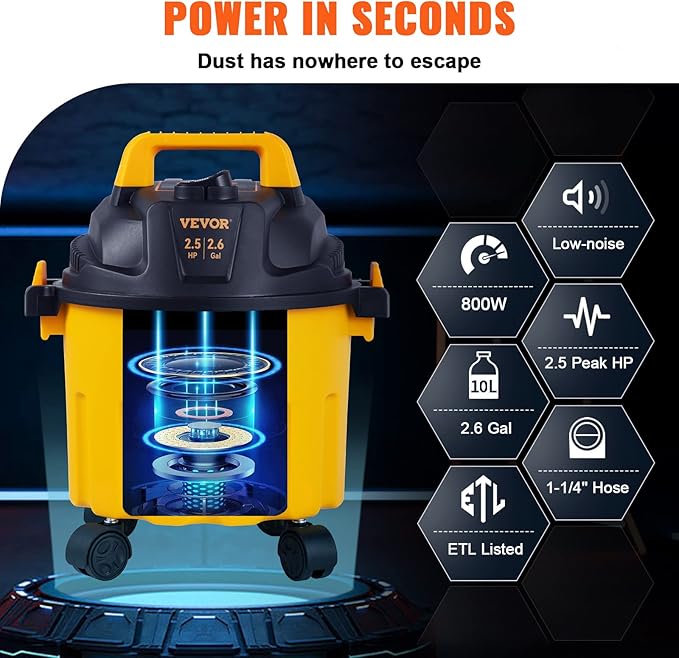 VEVOR 2.6 Gallon 2.5 Peak HP Wet and Dry Shop Vac， Portable Shop Vacuum and Blower 3-in-1 with Filter, Hose and Attachments f