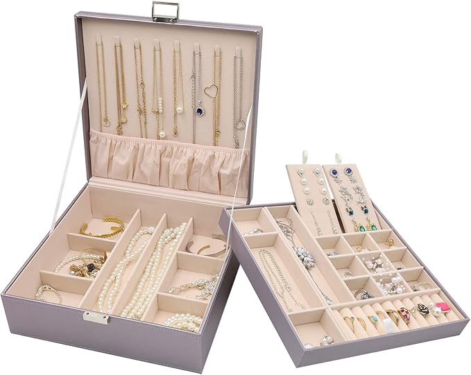 ProCase Jewelry Box for Women, 2 Layers Large Leather Jewelry Organizer Storage Case with Removable Pad for Earrings -Pearliz