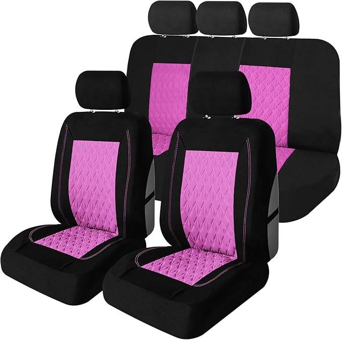Universal Fit Diamond Stitched Flat Cloth Car Seat Covers Full Set - Pink