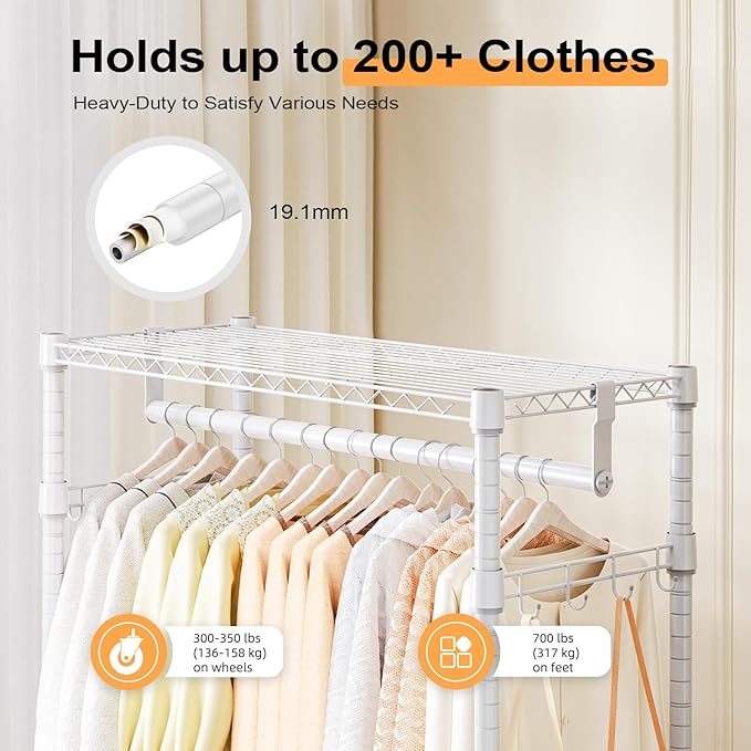 M MZG Heavy Duty Rolling Garment Rack 3 Tiers Adjustable Wire Shelving Clothes Rack with 2 Rods and Side Hooks,Storage Closet