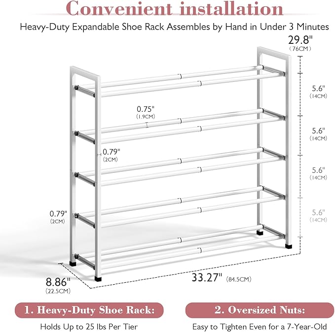 Bumusty 5-Tier Expandable Shoe Rack for Closet, 18“-33” Adjustable Shoe Rack for Small Space, Small Shoe Organizer for Front 