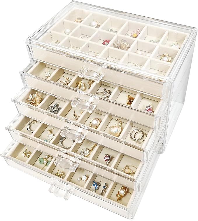Acrylic Earring Holder Organizer with 5 Drawers Clear Earring Organizer Box with 90 Adjustable Grids Velvet Earring Display C