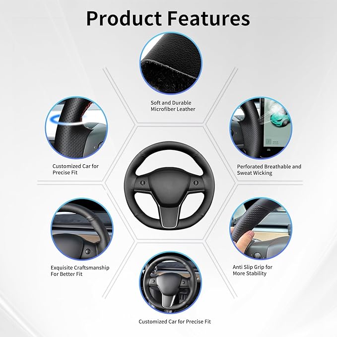 Hand Sewn Microfiber Leather Steering Wheel Cover, Stitch Steering Wheel Wrap Set for Original Tesla Model 3 2017-2023/Model Y 2020-2023 Juniper/Highland Accessories (A)