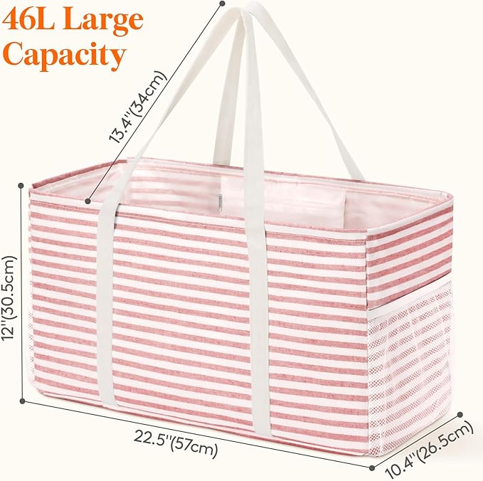 Lifewit Extra Large Tote Bag, Reusable Grocery Bags with Metal Wire Frame and Handles, Standing Utility Foldable Shopping Bags for Storage, Picnics, Beach, Laundry, Car, 46L, 1 Pack, Pink