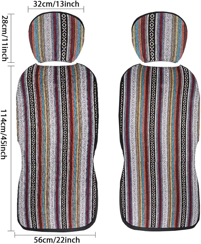 Car Seat Cover Baja Saddle Blanket 4PCS Front Striped Multicolor, Hippie Boho Seat Cover Universal Fit for Toyota, Honda, Nis