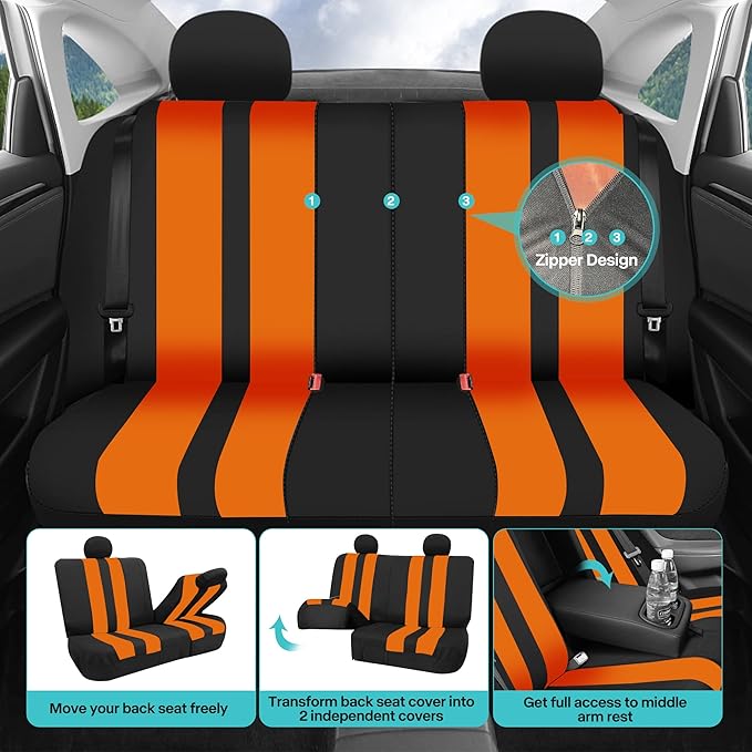 FH Group Orange Polyester Car Seat Covers - Full Set with Front and Rear Seat Cover, Universal Fit, Striking Striped Design, 