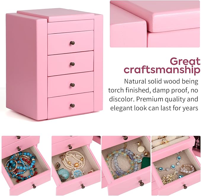 Meangood Jewelry Box Wood for Wowen, 5-Layer Large Organizer Box with Mirror & 4 Drawers for Rings, Earrings, Necklaces, Pink