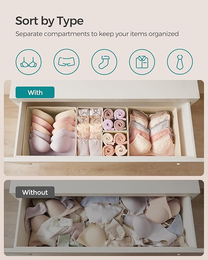 SONGMICS Drawer Organizers, Dresser Divider Organizers, Set of 12, Foldable Fabric Storage Boxes for Socks, Underwear, Bras, 