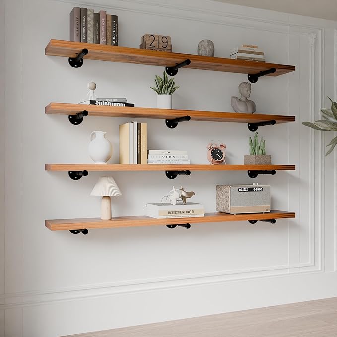 Industrial Pipe Wall Wood Shelves,Real Wooden Shelves 48" in Walnut Color with 1.2" Extra Thickness, Modern Floating Shevles