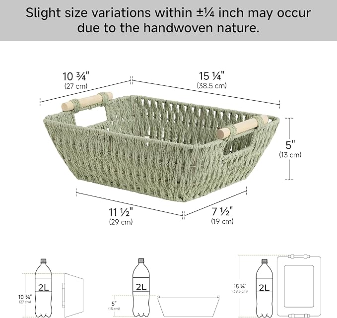 StorageWorks Large Wicker Storage Basket for Organizing with Wooden Handles, Toilet Paper Baskets for Shelf, Bosana Green, 2-