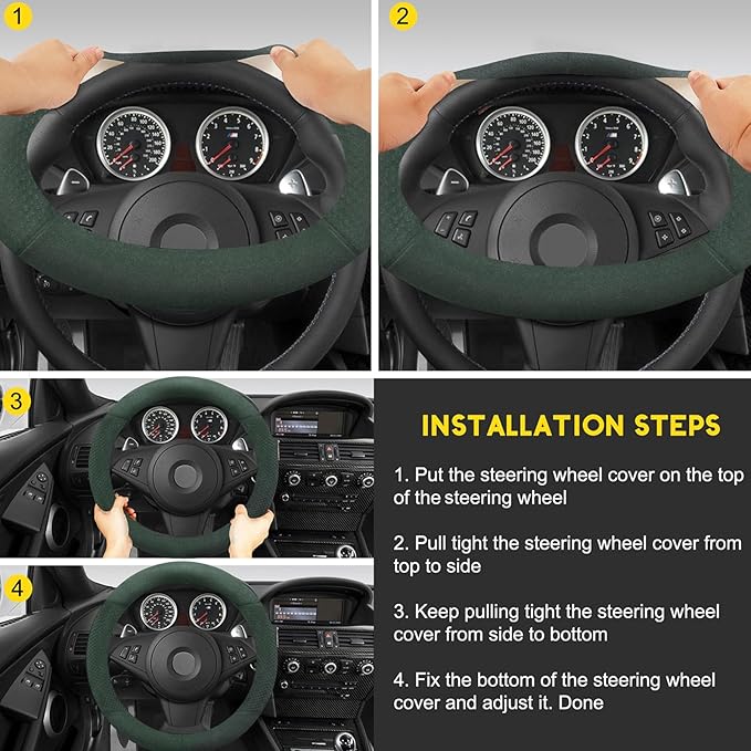 Suede Steering Wheel Cover with Upgraded Silicone Inner Ring, Breathable, Anti-Slip, Leather Universal 14.5 to 15 Inch Steeri