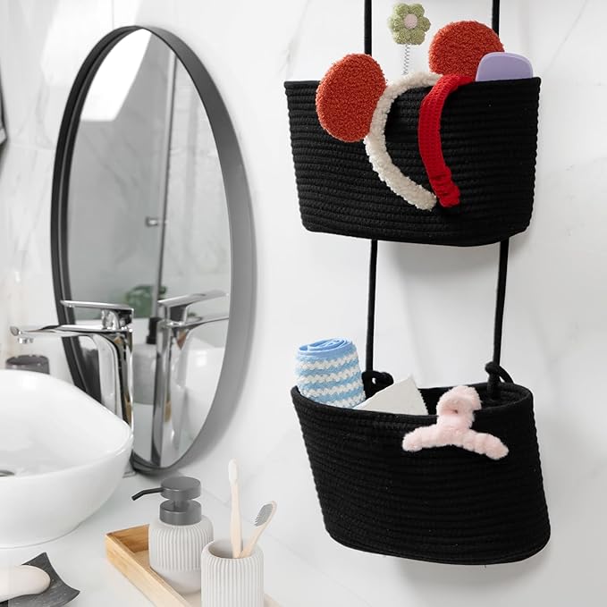 TeoKJ Over the Door Hanging Basket, 3-Tier Woven Cotton Wall-Mounted Storage Organizer Bag Decorative Hanging Nursery Baskets