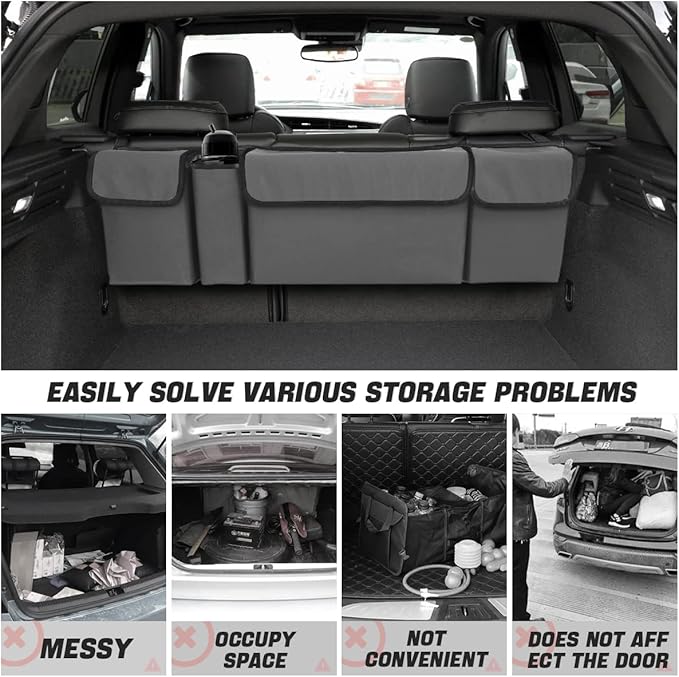 AUCELI Car Trunk Organizer, Backseat Hanging Large Storage with Adjustable Straps, Waterproof Collapsible Cargo Bag with 4 Pockets, Sturdy Space Saver Frees Trunk Floor for SUV, Truck, MPV