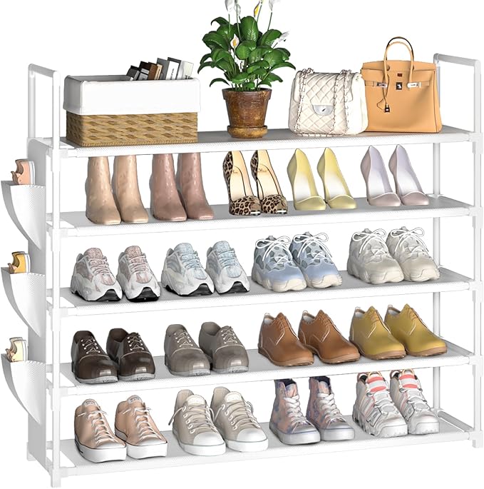 OYREL 5 Tier Shoe Organizer, 33.3in Wide x 11.2in Deep x 35.6in Tall, Black Metal and Plastic Shoe Rack with Side Bag, Holds 
