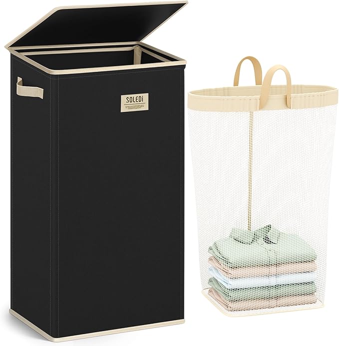 SOLEDI Laundry Hamper with Lid 100L Large & Tall Collapsible Laundry Basket, Clothes Hamper with Bag Removable Easy to Carry,