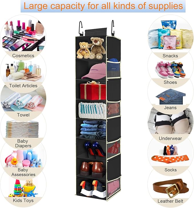 Large-Sized Hanging Shoe Organizer 8-Shelf, Hanging Closet Organizer with 8 Side Pockets, Wider Hanging Shelves for Storage S