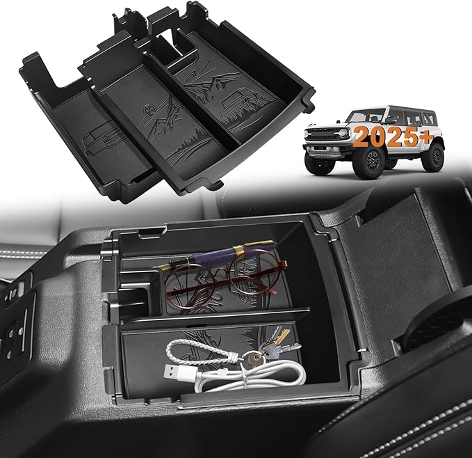 TripleAliners Center Console Organizer Compatible with 2025 2026 Ford Bronco(Not for 2-Door& Manual &Bronco Sport) Accessories Console Storage Box Armrest Tray | Two Layers with Leather Trim (Black)