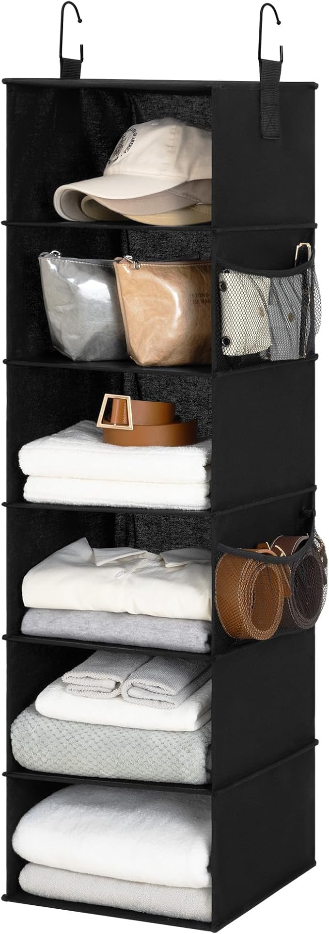 StorageWorks 6-Shelf Hanging Closet Organizers, Foldable Closet Storage Organizer with 2 Side Pockets, Portable Hanging Shelv