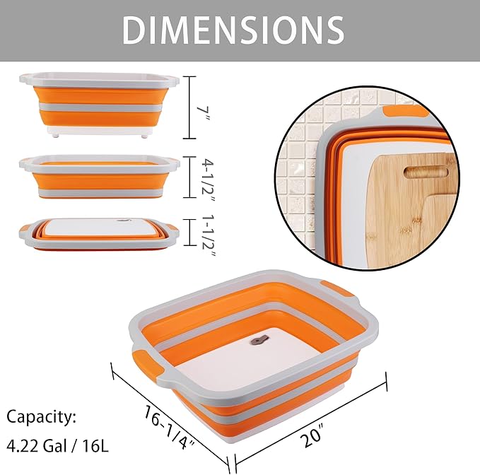 Tiawudi Large Collapsible BBQ Prep Tub with Lid(4.22 Gal/16L), Foldable Camping Sink with Colander, Cutting Board, Dish Basin