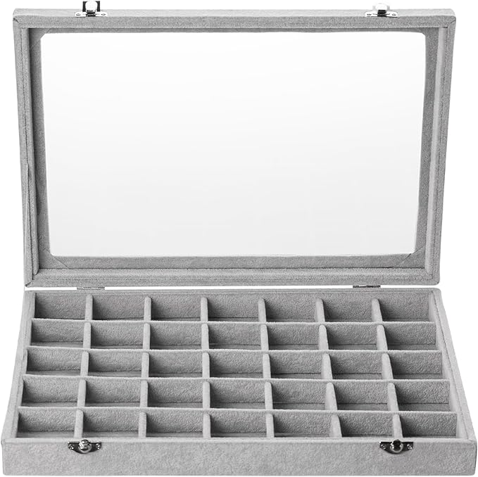 Frebeauty Velvet Jewelry Tray,35 Grid Jewelry Organizer with Clear Lid,Earring Holder Organizer Case with Clasp,Drawer Insert