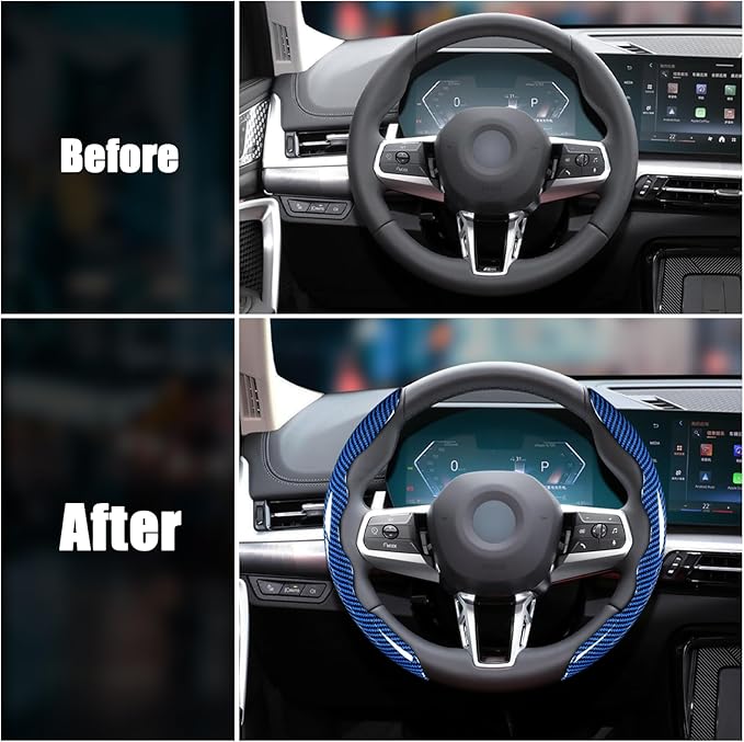 Car Steering Wheel Cover, 3 Piece Bright Carbon Fiber Steering Wheel Covers, Non-Slip Steering Wheel Cover Protector, Great Grip, Universal Car Accessories Decoration for 14.5-15 inch (Blue)