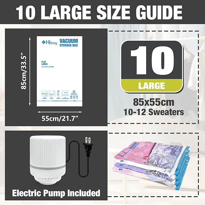 HIBAG Vacuum Storage Bags with Electric Pump, Vacuum Seal Bags for Clothing, Pillows, Blanket Bedding Comforters, 10 pack Lar