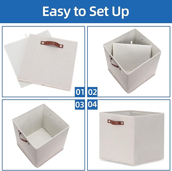 Temary Fabric Storage Cubes Storage Bins with Dual Leather Handles, 4 Pack Cube Baskets 13x13 Foldable Cube Organizers for Sh