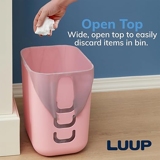 STORi Luup Bathroom Wastebasket, Secure Grocery Bags, Plastic Garbage Container for Vanity, Laundry Room, Kitchen, Office, 2.5 Gallon, Pink, Made in USA