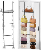 Over The Door Purse Organizer, Hanging Purse Organizer, Wall-Mounted Handbag Storage Rack with 16 Hooks & Metal Basket, Space