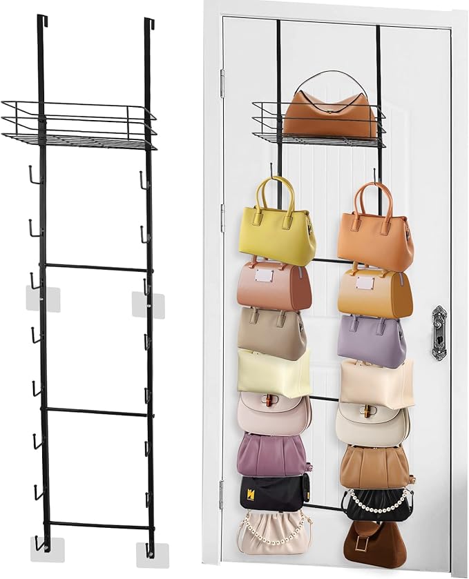 Over The Door Purse Organizer, Hanging Purse Organizer, Wall-Mounted Handbag Storage Rack with 16 Hooks & Metal Basket, Space