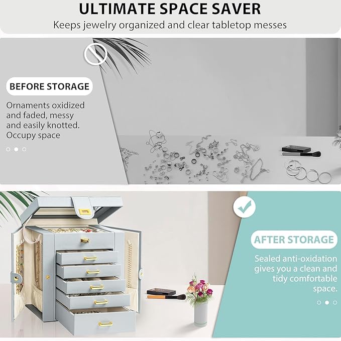 AKOZLIN Functional 6-Tier Jewelry Box Organizer with 5 Drawers Leather Jewelry Storage Case for Women Girls Ring Necklace Ear