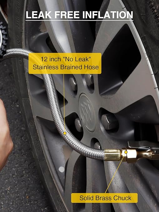 AZUNO Tire Pressure Gauge, 255PSI Digital Tire Inflator Gauge Air Chuck Air Compressor Attachments, with Steel Braided Hose, Quick Connect Coupler&Carrying Case, for Truck/Car/SUV/RV/Bike