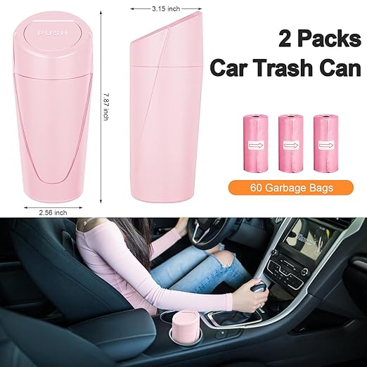 Car Trash Can, 2 Packs Mini Car Trash Bin with Lid, Leakproof Cup Holder Car Garbage Can with 60 Trash Bags, Vehicle Front Back Seat Organizers and Storage for Car, Home, Office, Pink