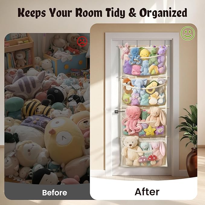 Over Door Large-Capacity Stuffed Animal Storage with Metal Hook & Wooden Stick, Hanging Plush Animal Bear Doll Toy Organizer 