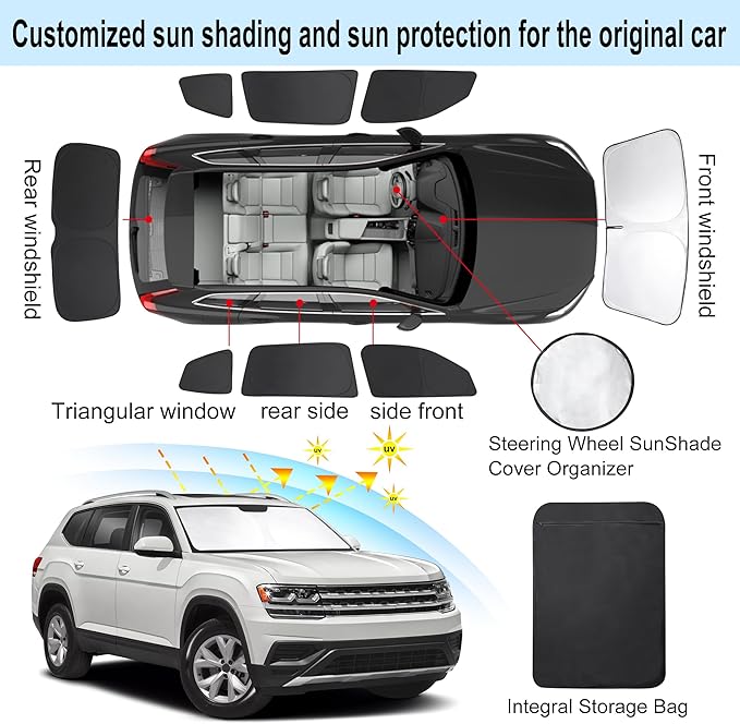 TINGLU Window Shades for Volkswagen VW Atlas 2018-2025 2026 Accessories Car Side Full Windows Rear Triangular Windshield Sun Shade Sun UV Rays Privacy Protection for Camping,Napping,and Relaxing 8PCS