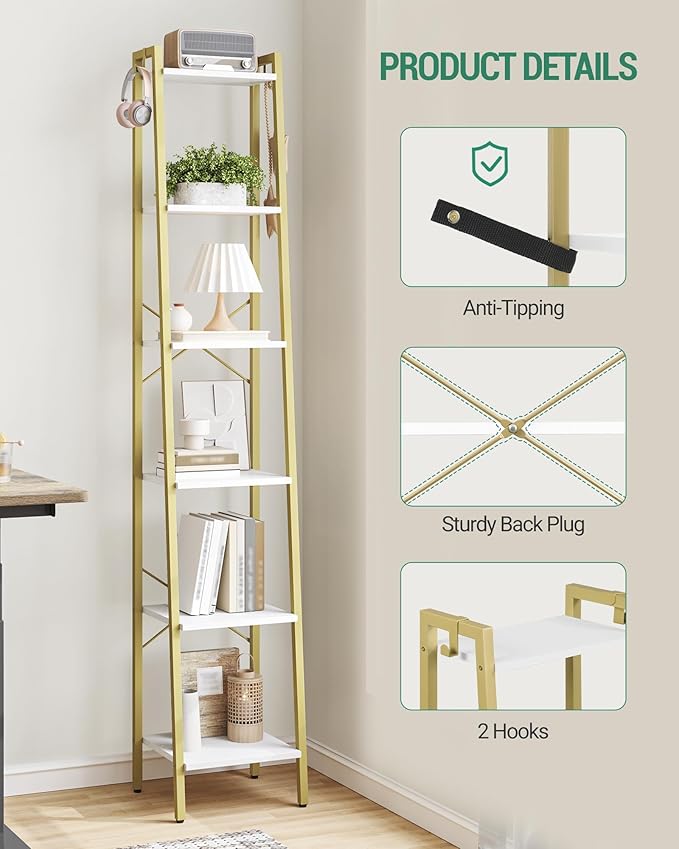 Hzuaneri Ladder Shelf, Bookshelf Bookcase, Freestanding Corner Storage Shelve with 2 Hooks for Home Office, Living Room, Kitc