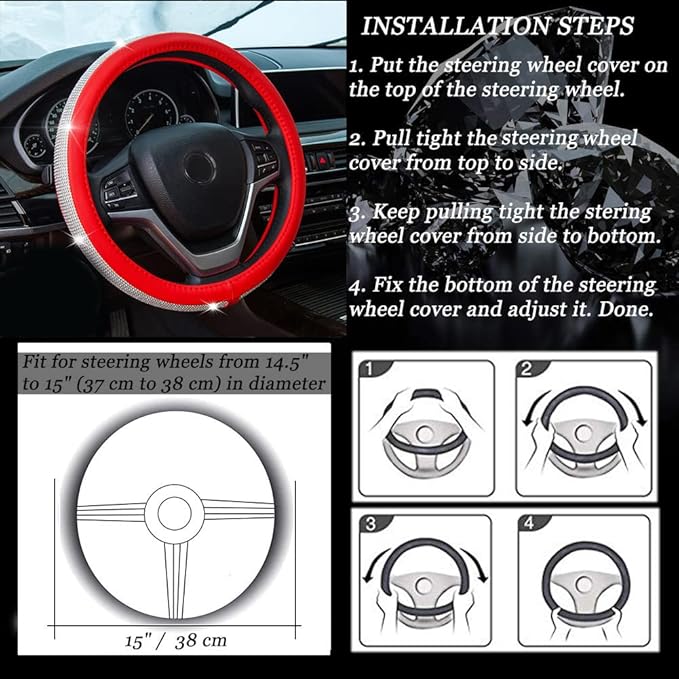New Diamond Leather Steering Wheel Cover with Bling Bling Crystal Rhinestones, Universal Fit 15 Inch Car Wheel Protector for 