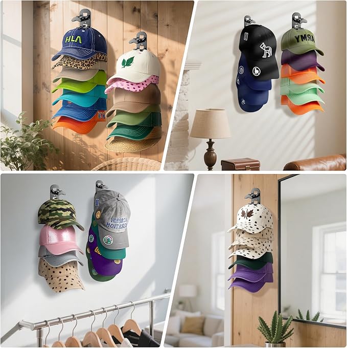 4 Pack Hat Organizer Hat Hook for Wall,Hold up to 40 Hats,Hat Holder with Strong Adhesive and Screws,Cap Holder Hat Hangers f