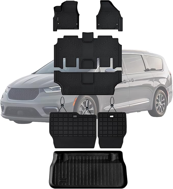 Floor Mats, Trunk Liner & Backrest Mat for 2017-2025 2026 Chrysler Pacifica Gas Touring 7/8 Seat (Non Hybrid & Non Pinnacle) Customized TPE All Weather Car Floor Liners with Backrest Protection Black